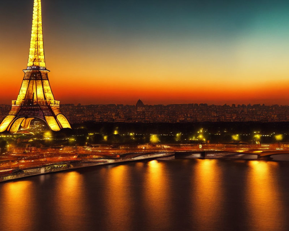 Iconic Eiffel Tower Twilight Reflection in Seine River