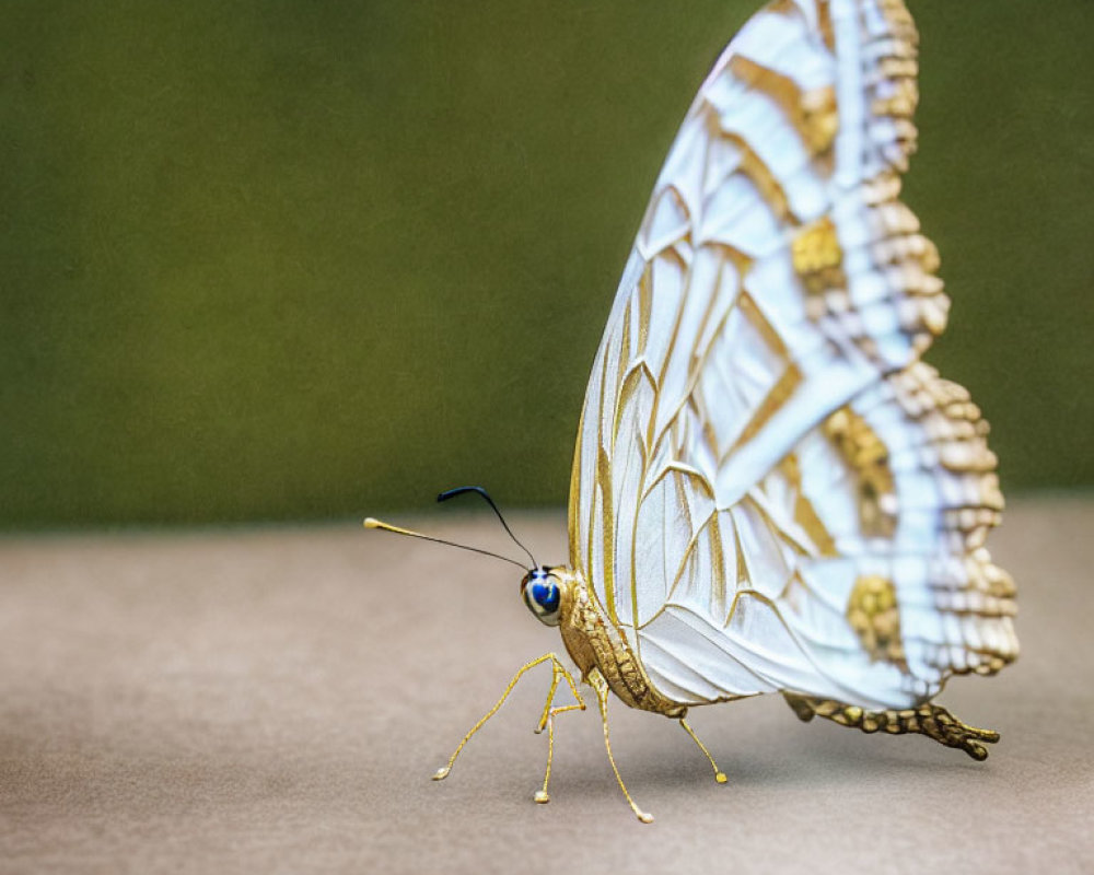 Detailed Close-Up of White and Brown Butterfly on Green Background