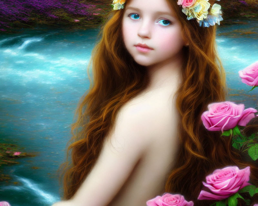 Portrait of young woman with wavy hair and floral crown beside pink roses and blue river