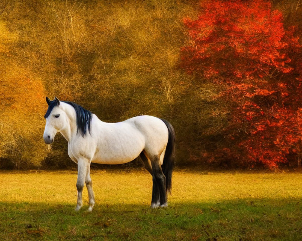 White Horse in Field with Vibrant Autumn Trees