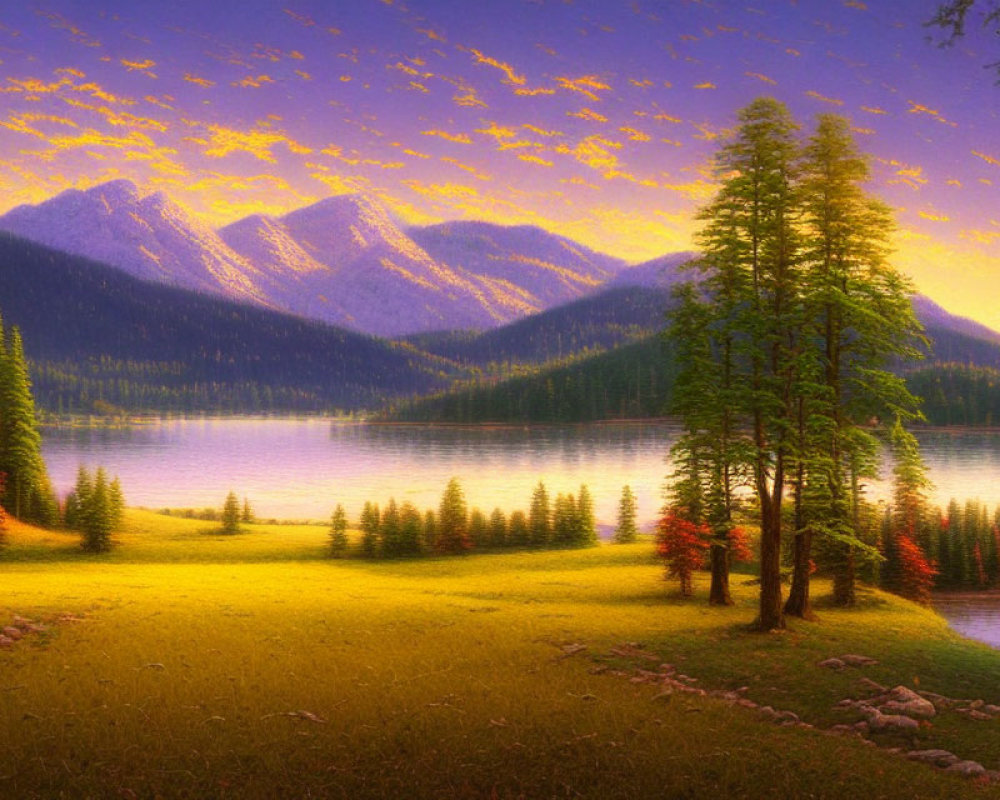 Tranquil landscape with colorful skies, lake, forest, and mountains