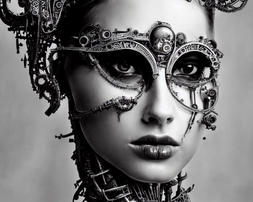 Monochrome portrait with steampunk-style goggles and headgear