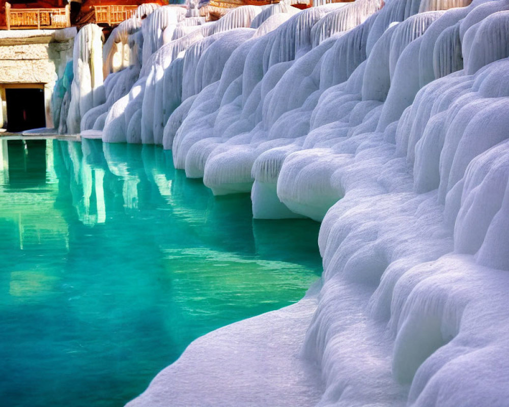 Turquoise water pools on white travertine terraces in Pamukkale, Turkey