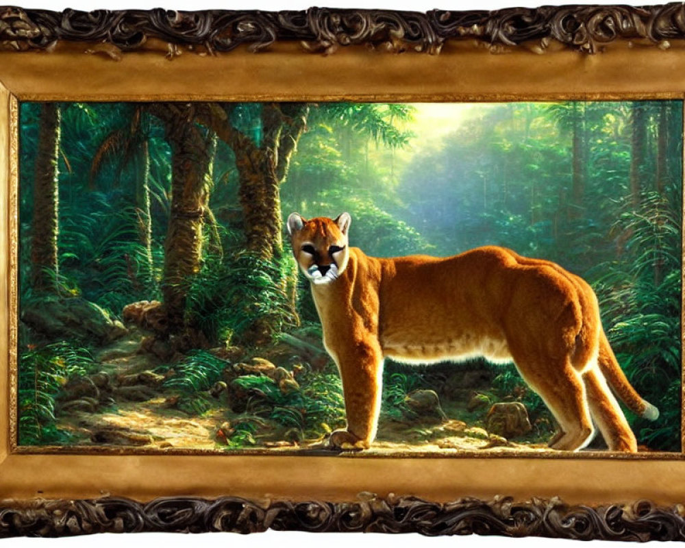 Majestic mountain lion in lush green forest with ornate brown frame