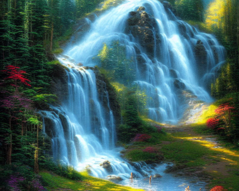 Lush forest waterfall painting with sunlight and colorful flowers