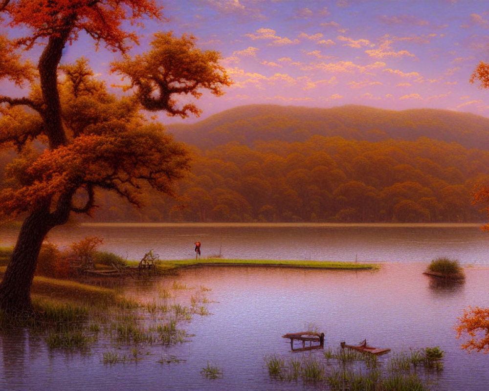 Tranquil dusk scene: person by lake, autumn trees, warm sky, small boats.