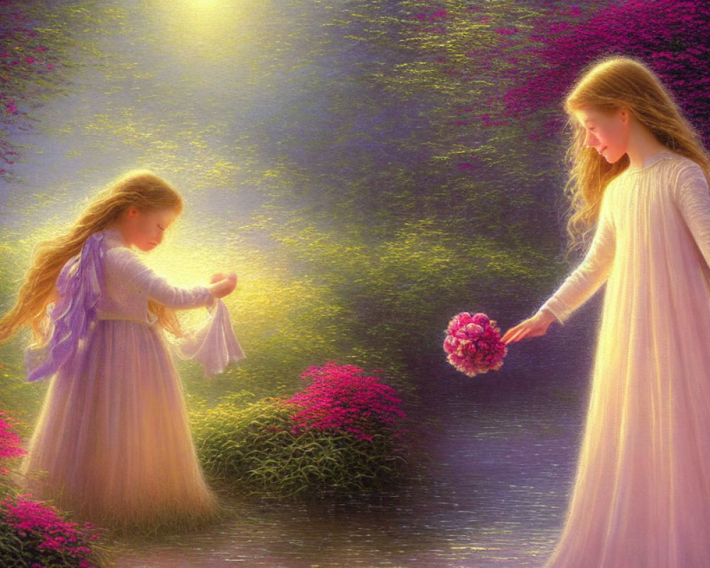 Two girls in flowing dresses exchange flowers in a luminous garden