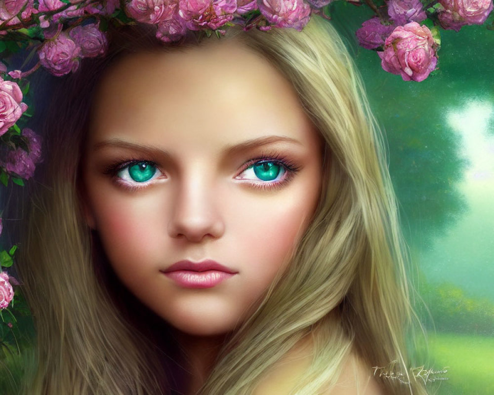 Portrait of Woman with Blue Eyes and Blonde Hair Among Pink Roses