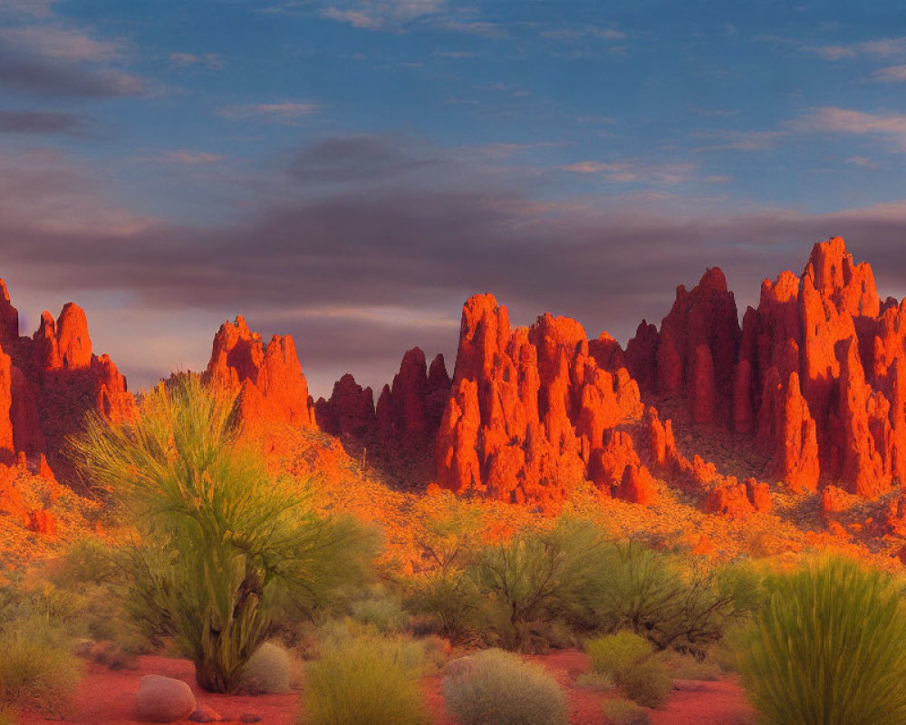 Sunset over Desert Landscape with Orange Hues and Purple Skies