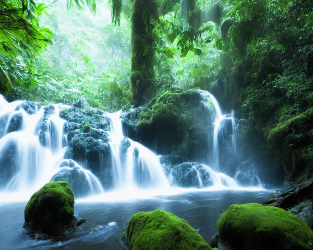 Misty Waterfall Cascading Over Moss-Covered Rocks in Green Forest