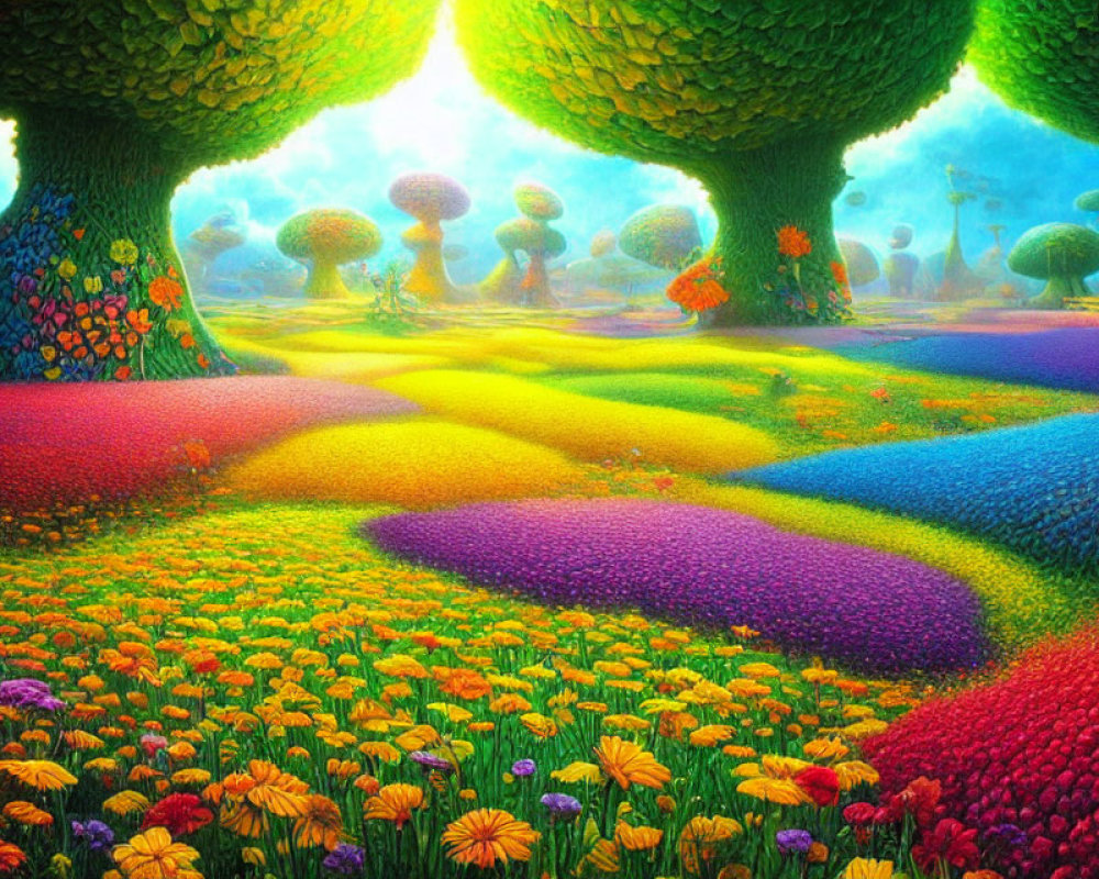 Colorful Landscape with Mushroom-like Trees and Radiant Light