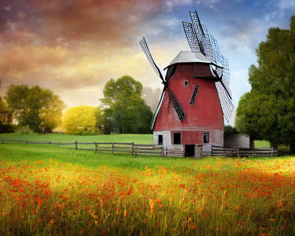 Red windmill in vibrant wildflower field with lush trees and dramatic sky