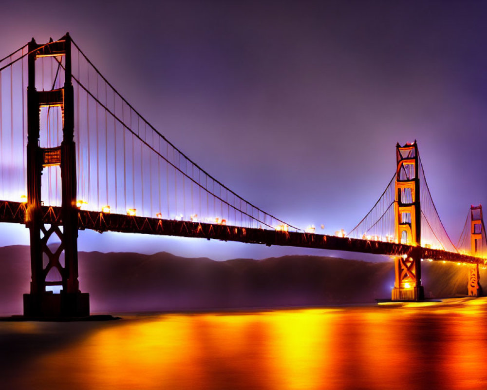 Iconic Golden Gate Bridge illuminated at dusk with purple sky