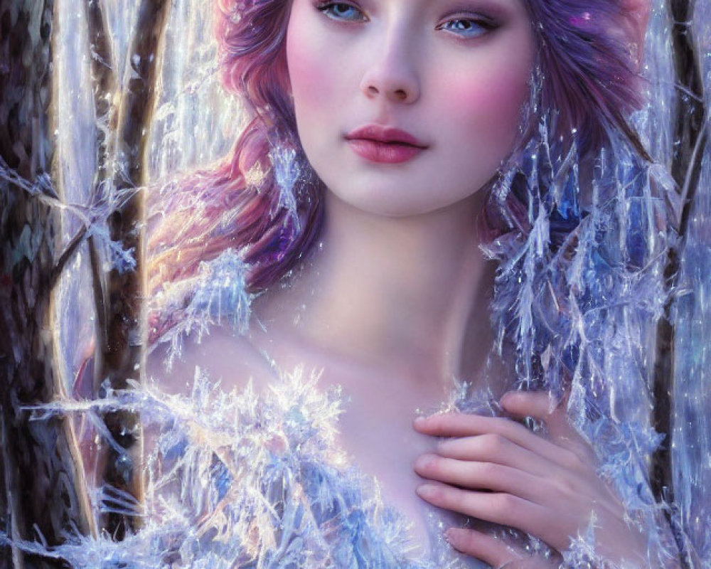 Fantasy digital artwork of female figure with multi-colored hair in frosty, crystal-like setting