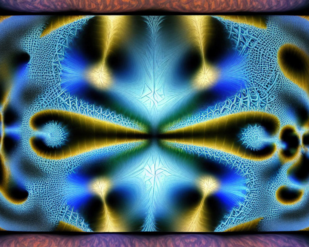 Symmetric fractal image with blue, gold, and black patterns in purple frame