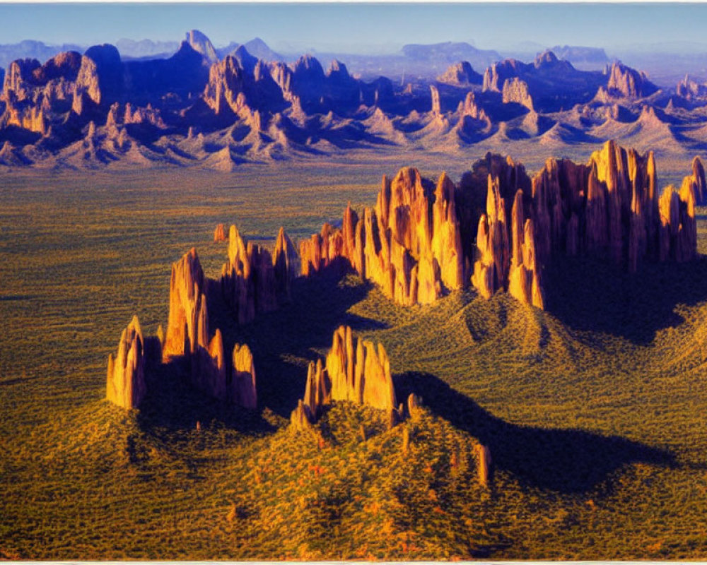 Desert Landscape with Towering Rock Formations at Sunrise