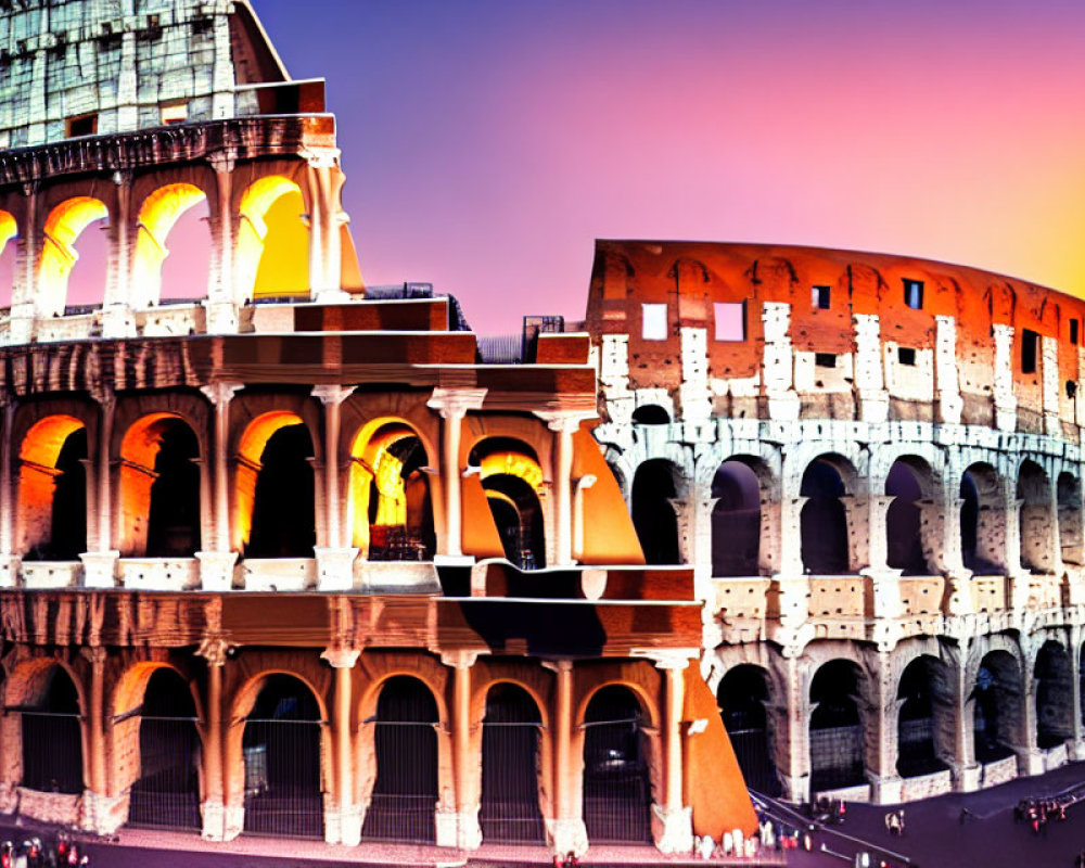 Day to Night Transition of Colosseum in Rome with Ancient Arches