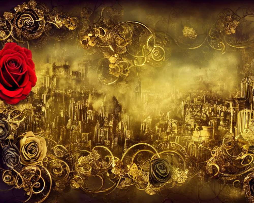 Fantasy cityscape with golden mist, ornate flourishes, and red rose on vintage background