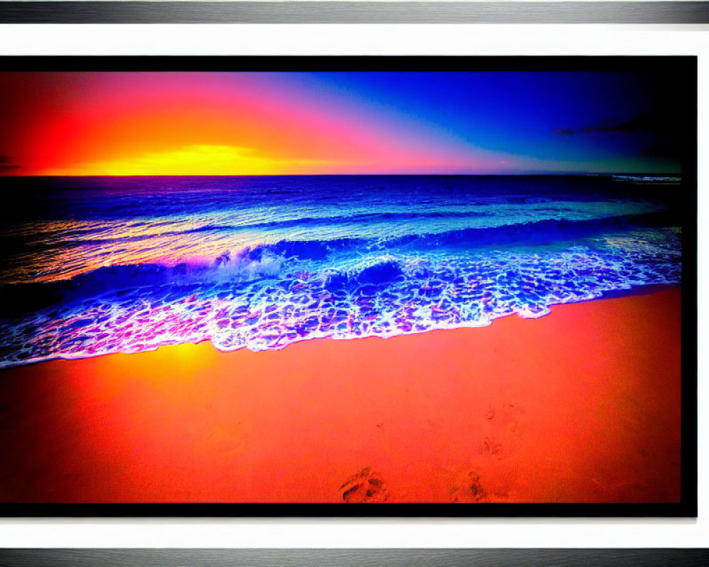 Digitally altered beach scene: vibrant sunset, blue waves, red shore, multicolored sky