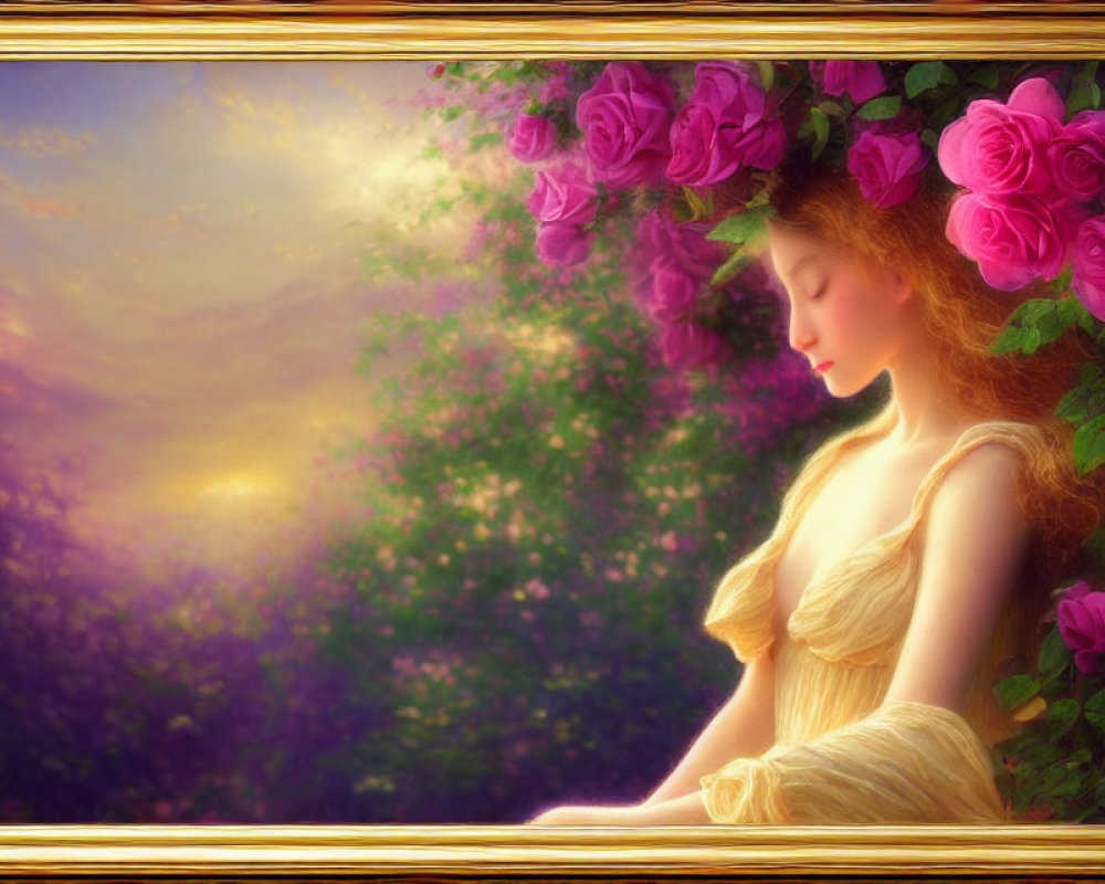 Serene woman in yellow dress with closed eyes under pastel sunset sky