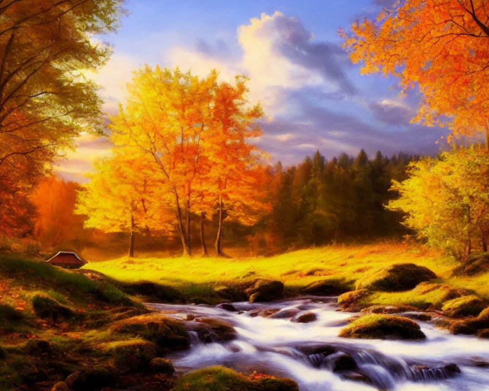 Tranquil autumn landscape with stream and vibrant trees