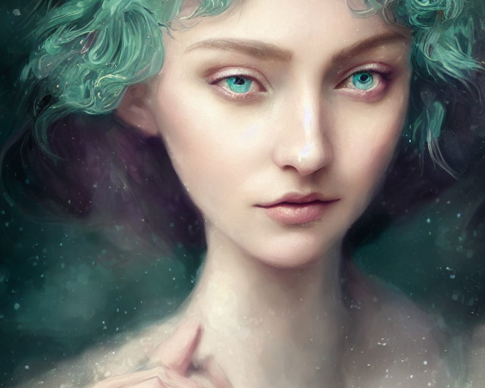 Ethereal woman with mint-green hair and heterochromatic eyes portrait.