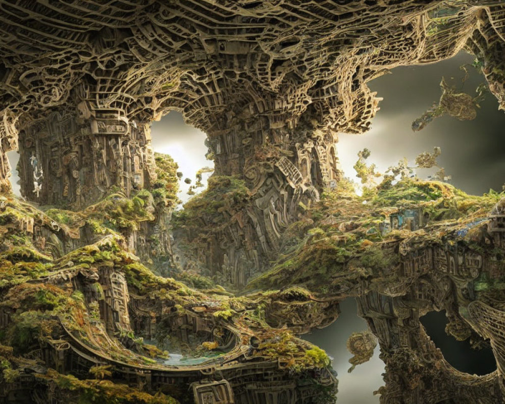 Fantasy landscape with organic structures and floating islands under soft-lit sky