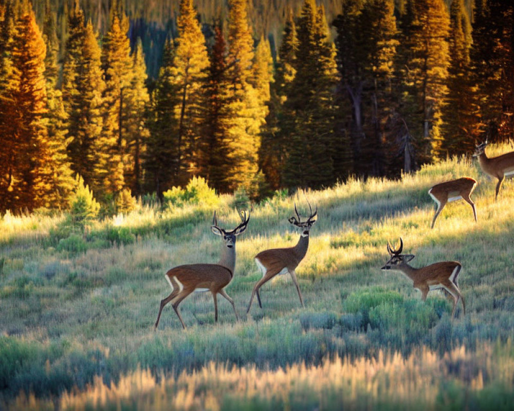 Deer Grazing in Meadow at Sunset with Pine Trees