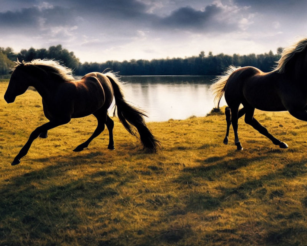 Galloping horses near lake with trees and dramatic sky