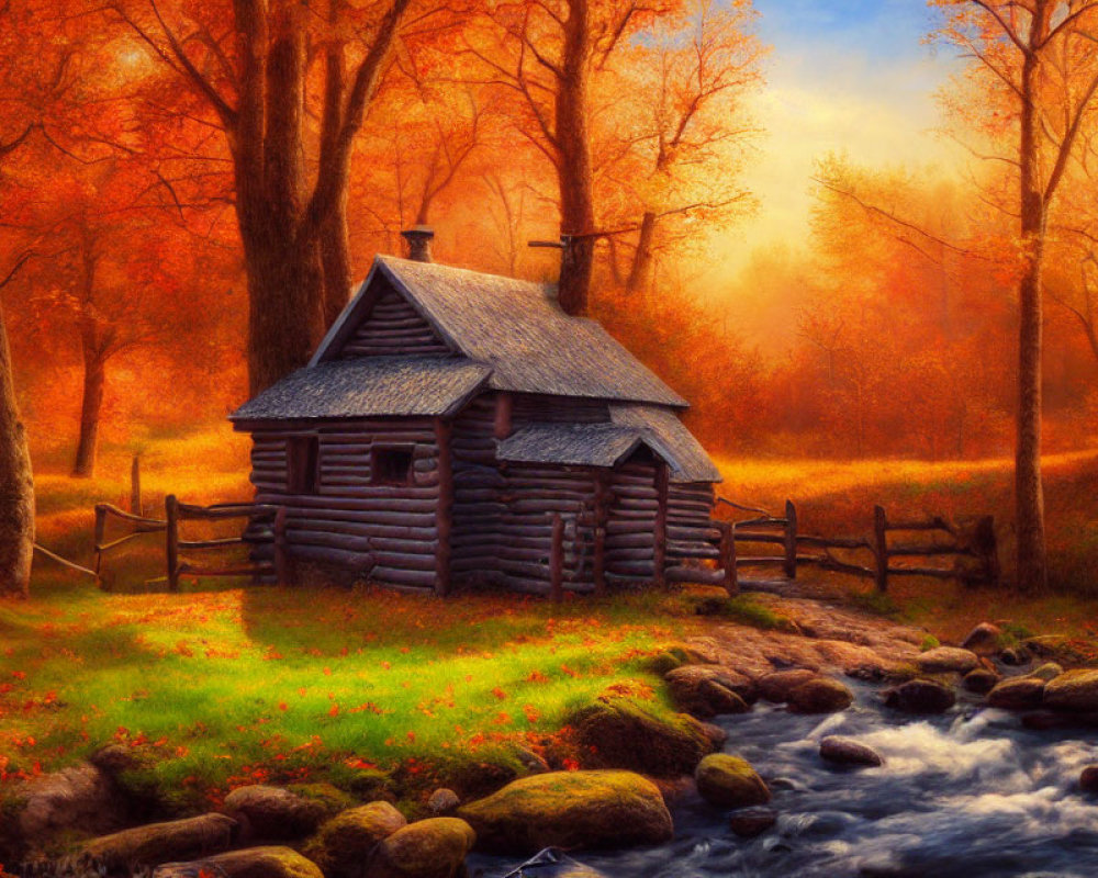 Rustic log cabin in autumn forest near babbling brook