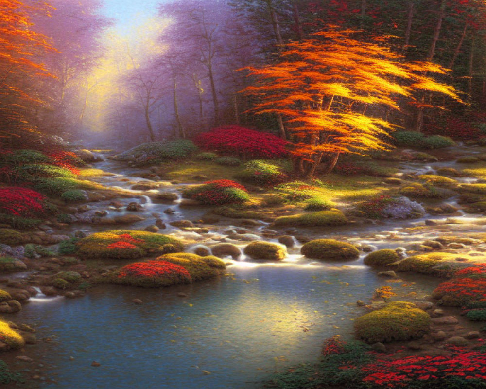 Tranquil autumn forest stream with vibrant foliage