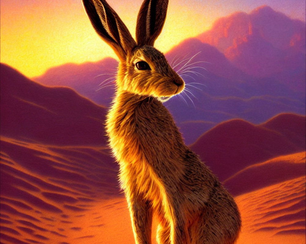 Hare in desert landscape under warm sunset sky