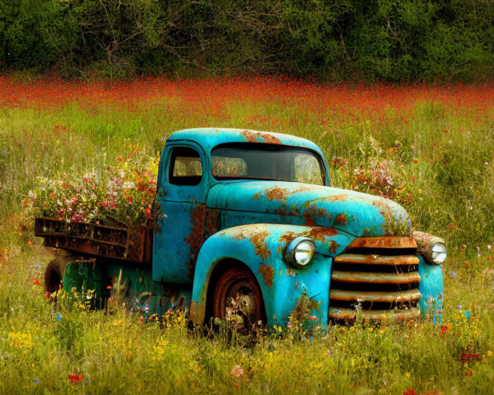 Rusty blue truck surrounded by wildflowers in vibrant meadow