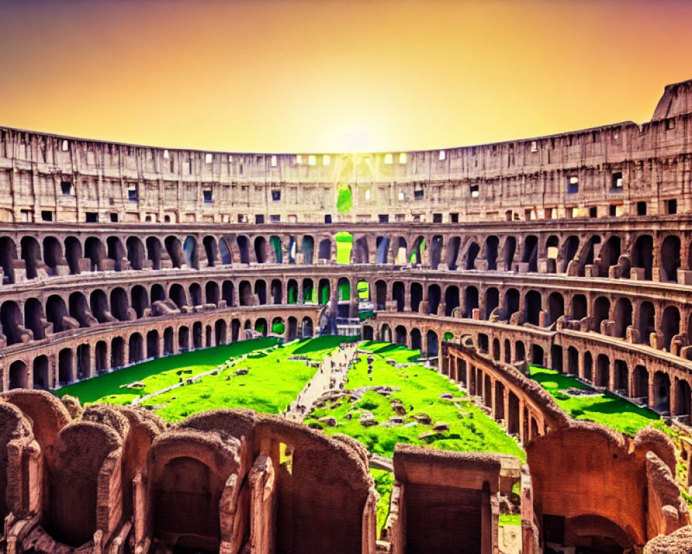 Ancient Roman Colosseum interior arches and central arena remnants at sunset