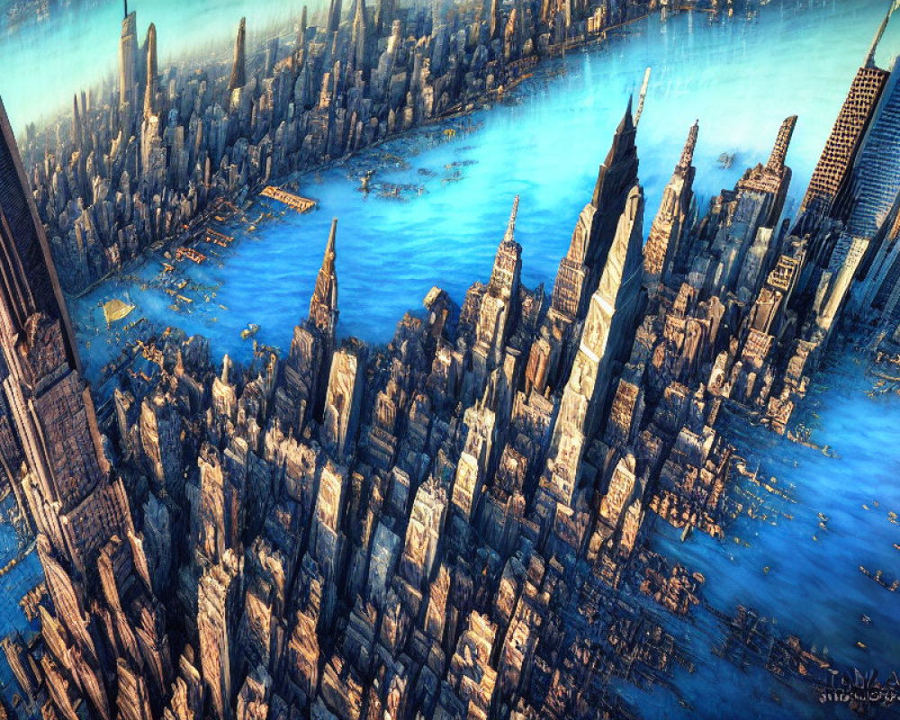 Underwater futuristic cityscape with towering skyscrapers.