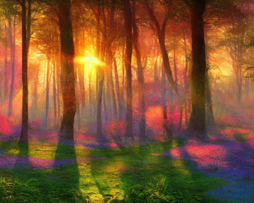 Vibrant forest with pink and purple wildflowers under sunbeams