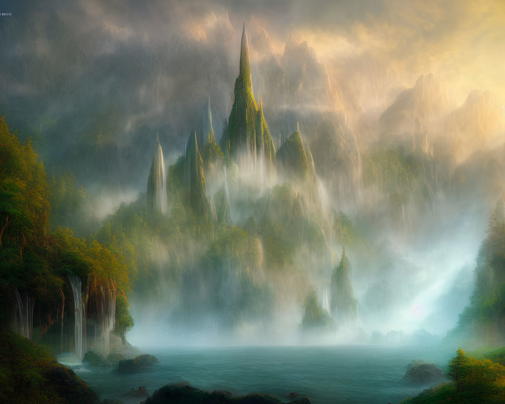 Mystical landscape with soaring peaks, misty forests, waterfalls, and serene lake