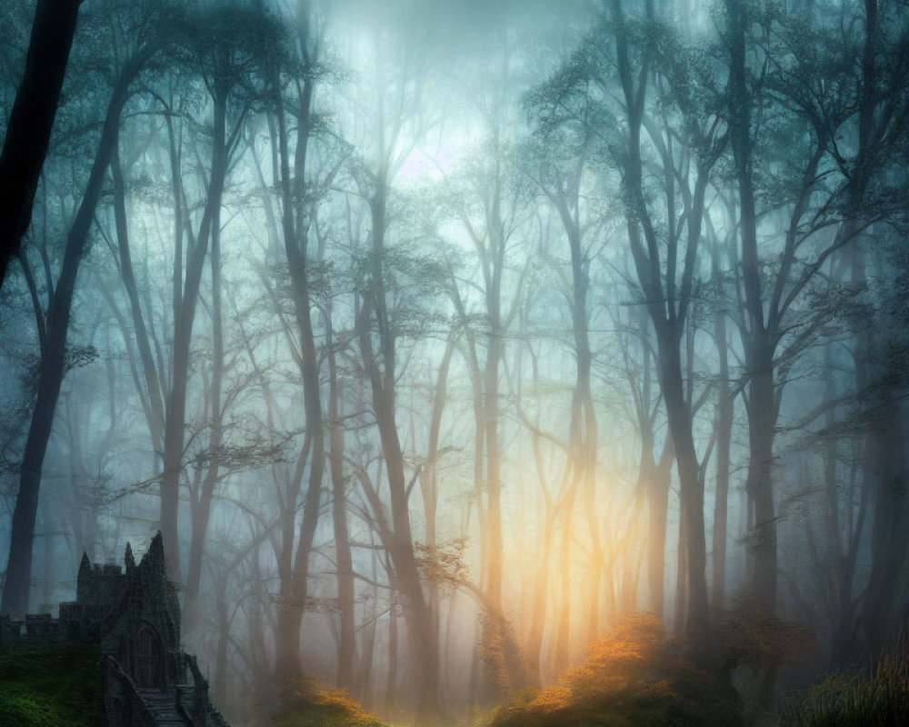 Mystical forest with fog, sunbeams, ancient stone staircase