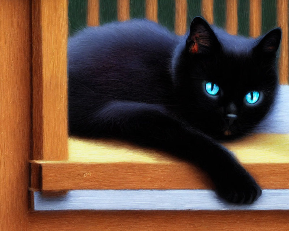 Black Cat with Striking Blue Eyes Resting by Wooden Window