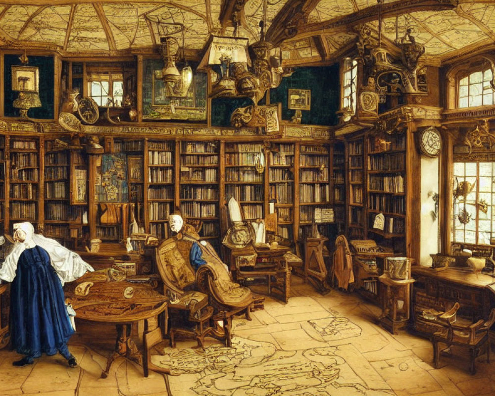 Vintage library with books, globe, maps, and artifacts in natural light