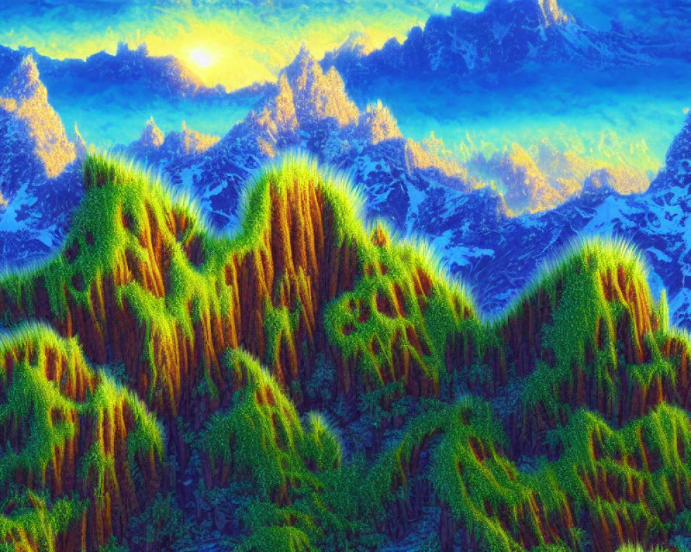 Luminous green vegetation in snowy mountain landscape at sunrise