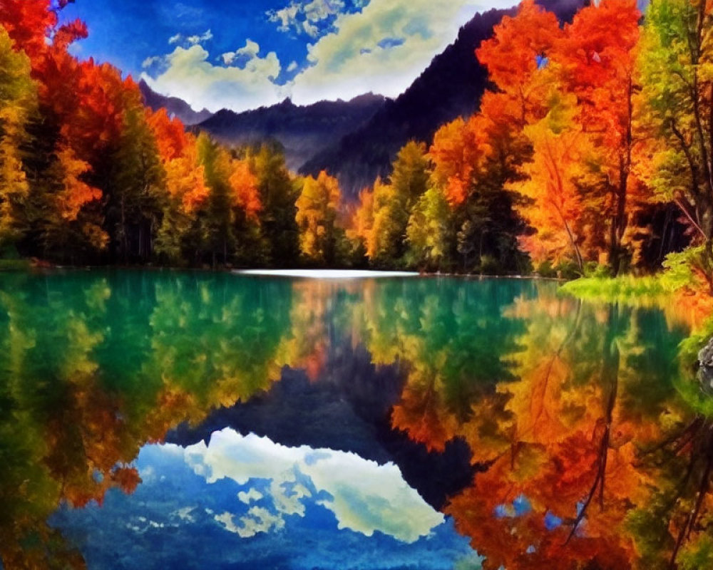 Tranquil autumn lake with colorful trees and mountain backdrop