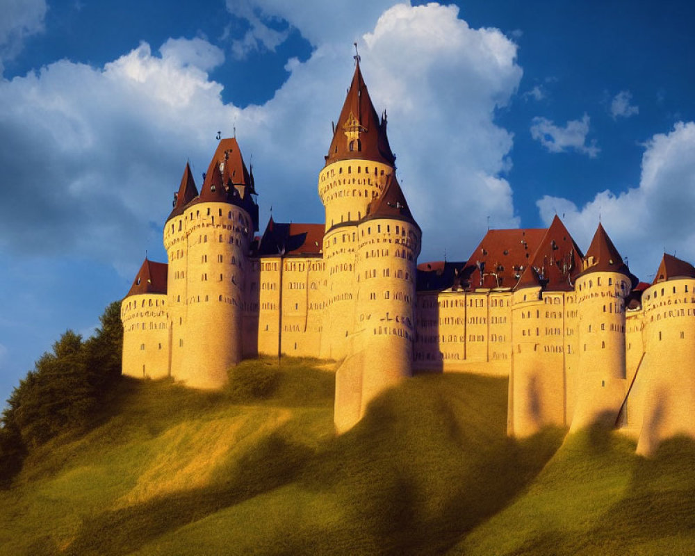 Majestic castle with multiple spires on a hill in golden sunlight