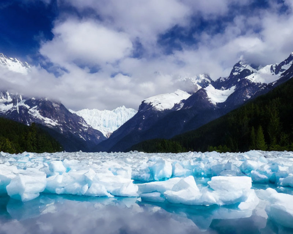 Scenic landscape with icy lake, snowy mountains, and glacier under blue sky