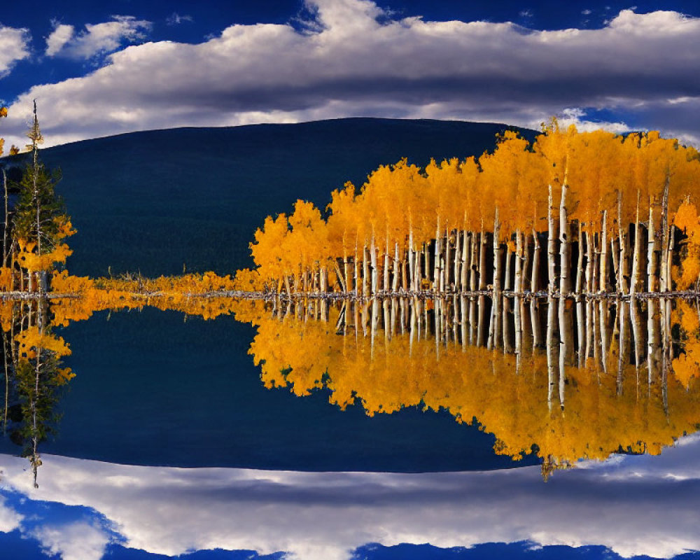 Tranquil lake with vibrant autumn trees, mountains, and blue sky