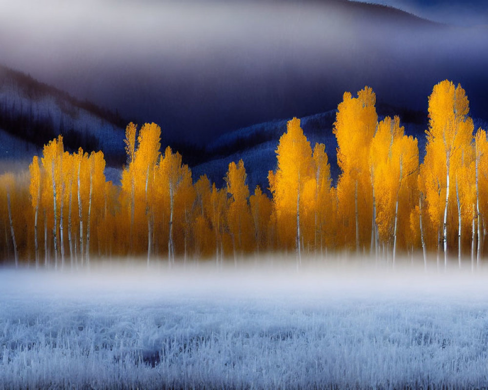 Vibrant golden aspen trees against mountain backdrop with misty white ground.