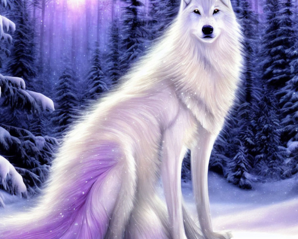 Majestic white wolf in snowy forest with purple glow