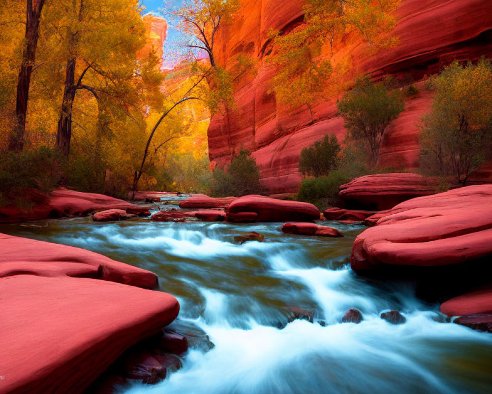 Tranquil river in red rock canyon with fall foliage