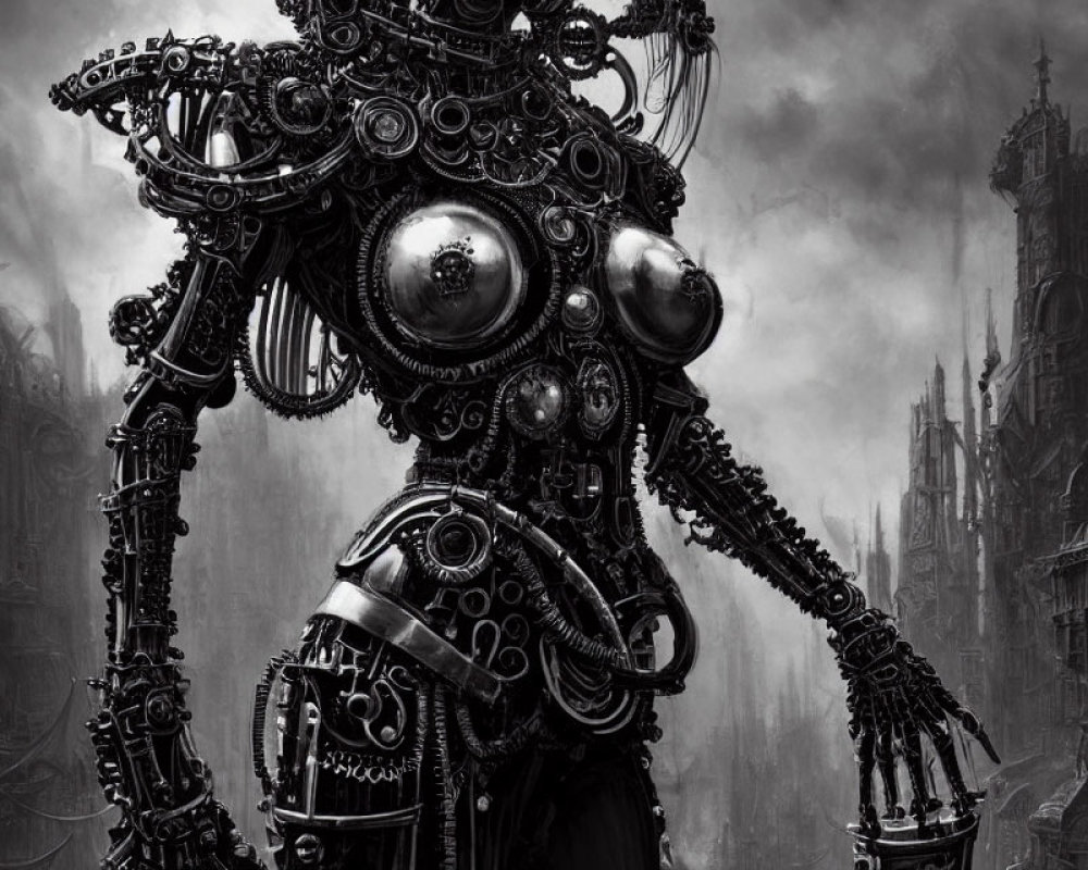 Detailed black and white mechanical robot against gothic architecture