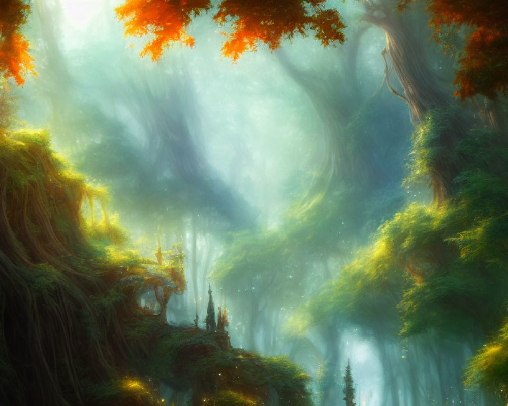 Ethereal forest scene with sunlight filtering through mist and vibrant green foliage